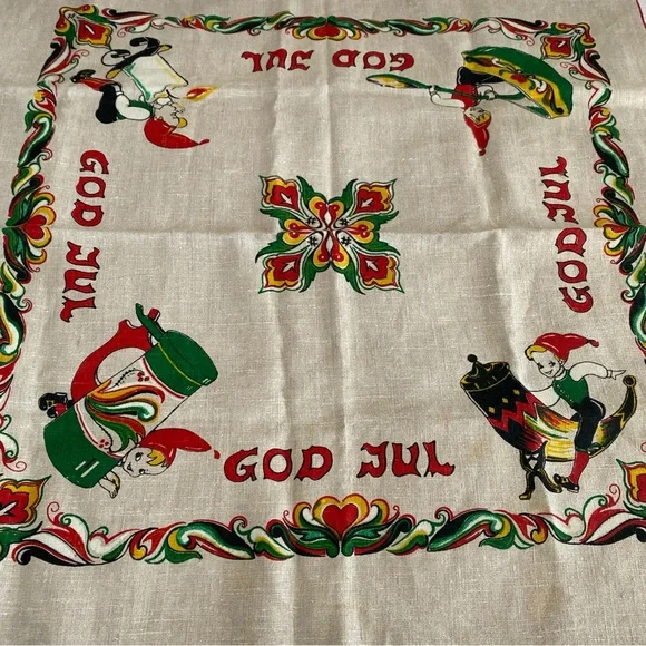 Vintage Norwegian Merry Christmas God Jul Linen Square Table Cloth - Picture 4 of 7